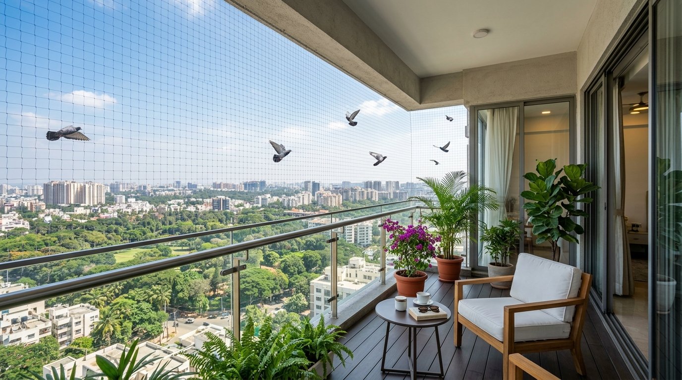 Luxury apartment balcony in Bangalore with invisible pigeon safety net installed overlooking city skyline