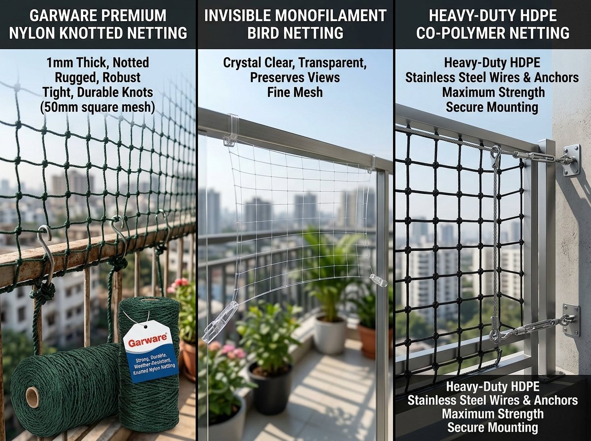 Various types of pigeon safety nets - Garware nylon, invisible monofilament, heavy duty HDPE